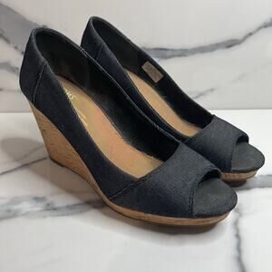 TOMS Women's Navy Blue Cork Wedges Sz 7.5 Casual Peep Toe Classic Comfort